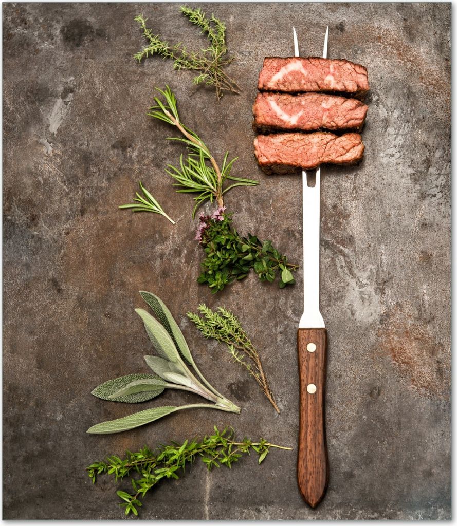 Wallario Herdabdeckplatte aus Glas, Größe 52 x 60 cm 1-teilig, Motiv Grillfleisch mit frischen Kräutern