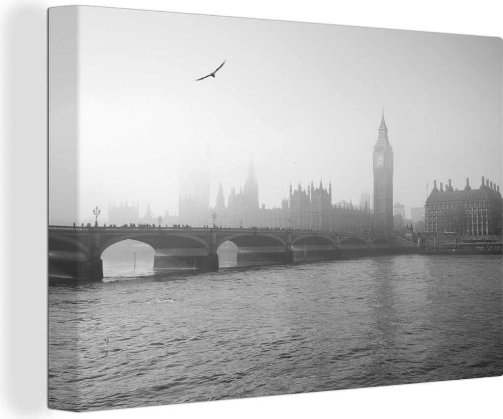 OneMillionCanvasses - Leinwandbilder - 140x90 cm, Schwarz-Weiß-Bild des Big Ben in London, Wandbilder Kunstdruck Wanddekoration - Foto auf Leinw...