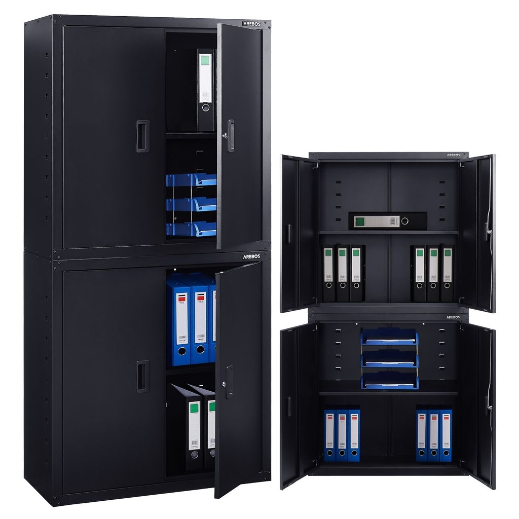 Two black metal filing cabinets shown in different configurations, one stacked and one standalone.