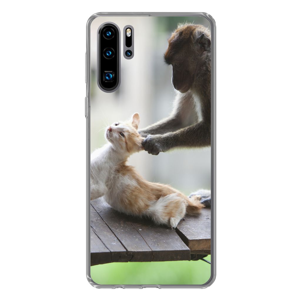 MuchoWow Handyhülle Schutzhülle Hülle für Huawei P30 Pro Katze - Affe - Holz Silikon Softcase Handy Hülle - Schutzdeckel