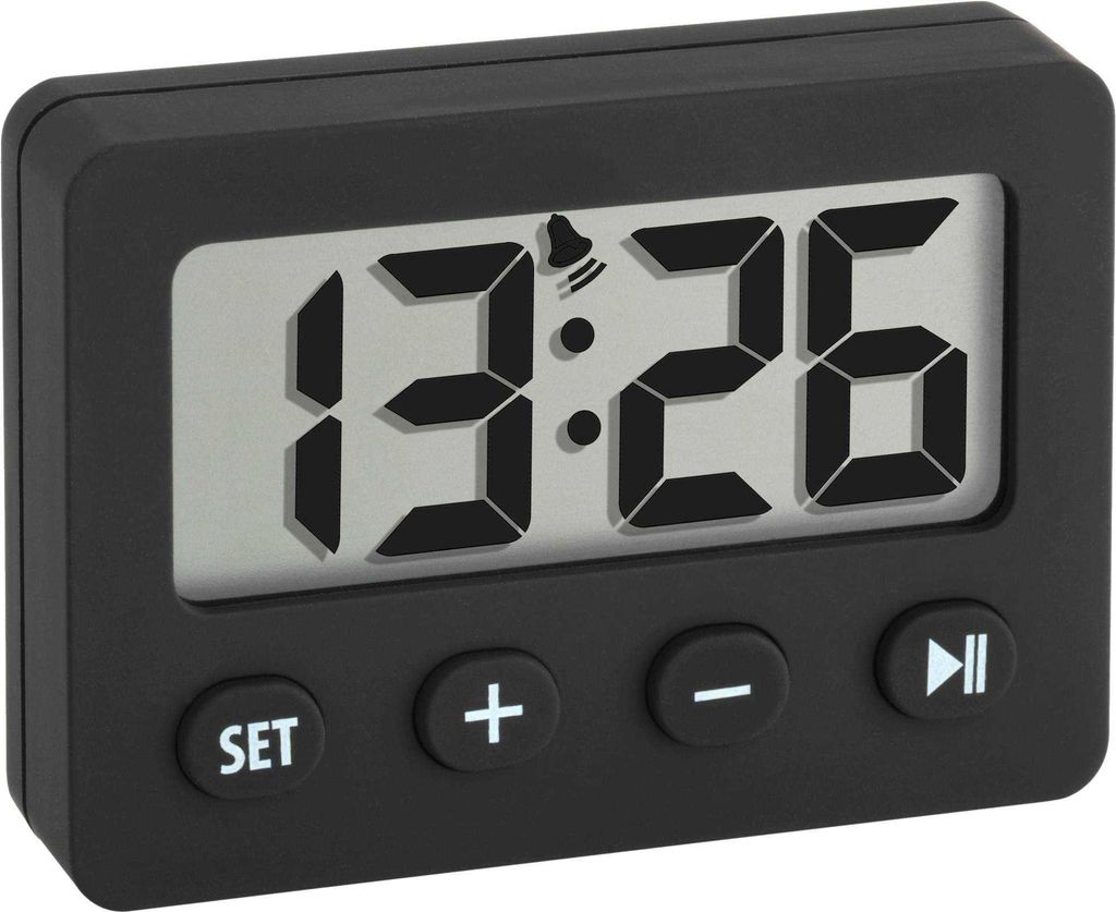 A black digital travel alarm clock with a gray display showing the time 13:26 and a bell icon.