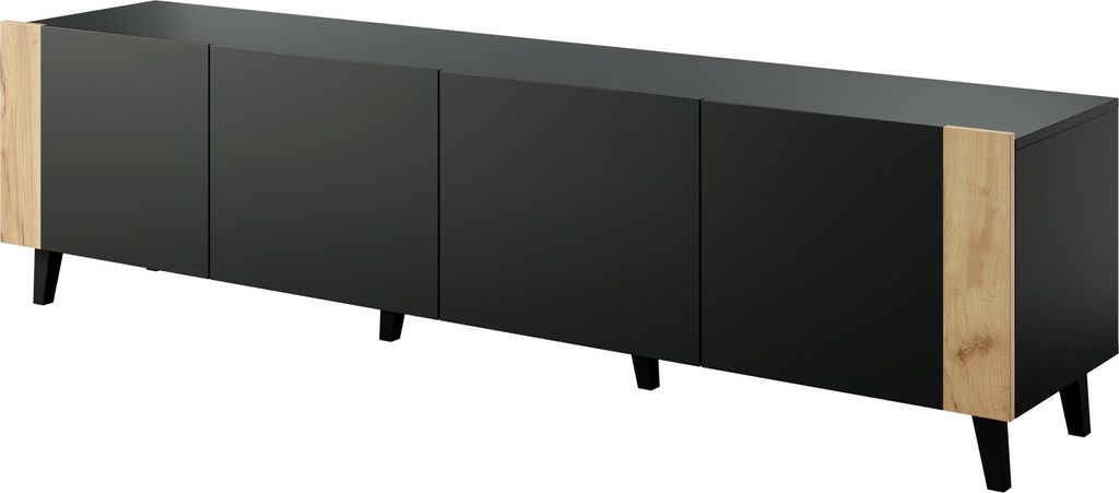 Fernsehschrank Faro Tv-Lowboard 200X52X42 Cm 4 Türiger Wohnzimmerschrank Schwarz/Craft Eiche