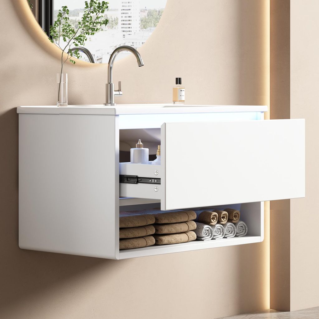 Merax Waschtischunterschrank, Badezimmerschrank mit Keramik-Waschbecken, LED-Radar-Bewegungssensorleuchte, Schublade, Offenes Ablagefach, Weiß