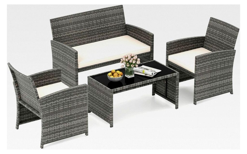 Rattan Gartenmöbel Set, Lounge Möbel für den Außenbereich, Balkonmöbel für kleine Balkone, Sitzgruppe mit 2 Stühlen, Bank, Tisch und Kissen,...