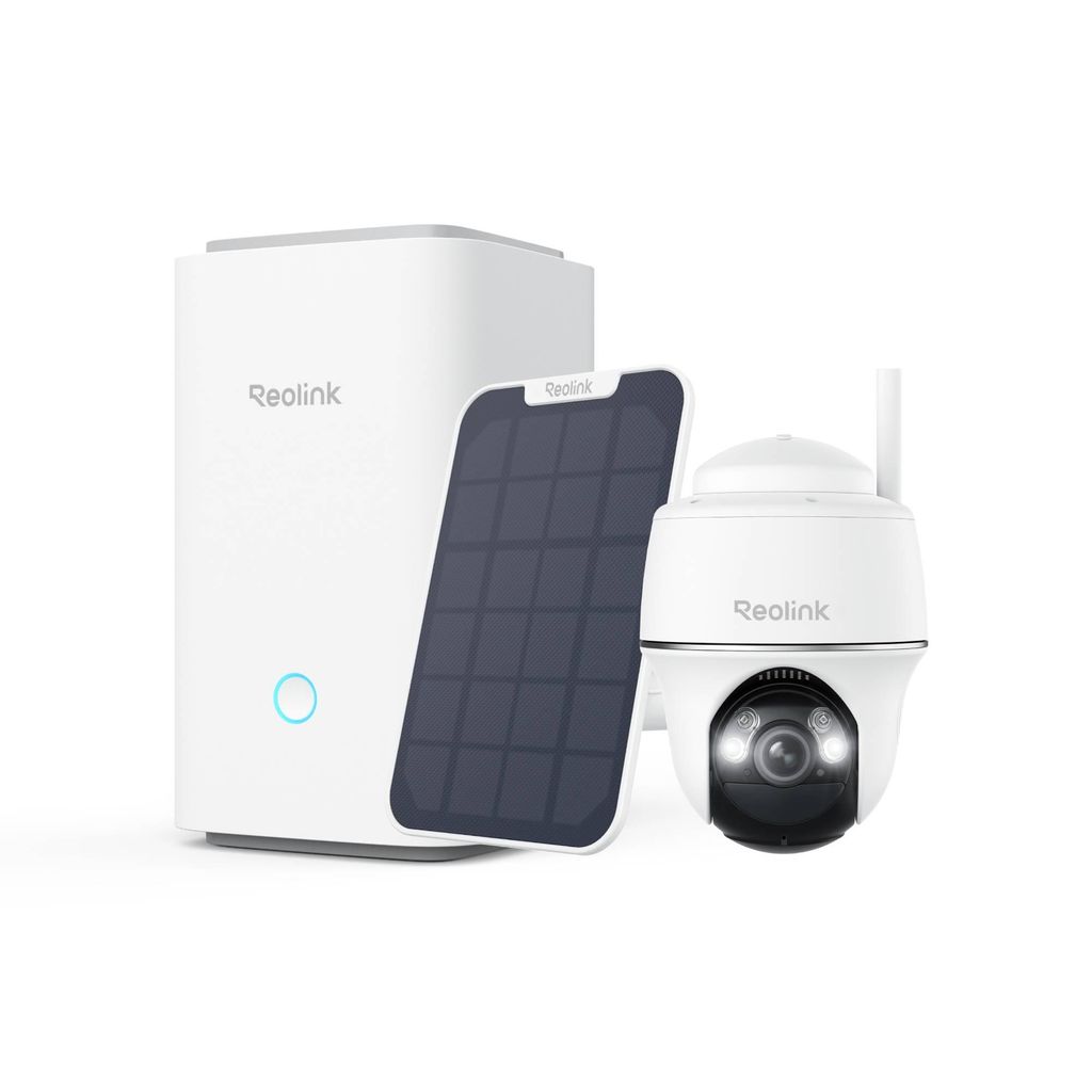 Reolink Argus PT+Solarpanel mit Home Hub, 2K+ 5MP Akku Überwachungskamera Set Aussen, 5/2,4 GHz, Smart-Erkennung, Farbnachtsicht, mit 64GB SD-Karte