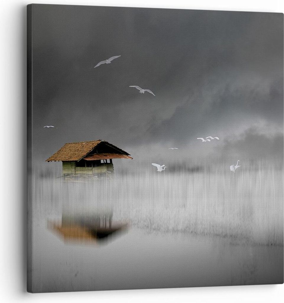 Bild auf Leinwand - Leinwandbild - Einteilig - Hütte Nebel Sumpf - 30x30cm - Wand Bild - Wanddeko - Wandbilder - Leinwanddruck - Bilder - Wanddeko...
