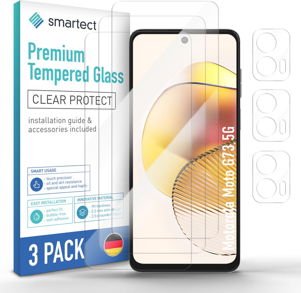 A product shot of a 3-pack of screen protectors for a Motorola Moto G73 5G, along with camera lens protectors, displayed next to the product packaging.