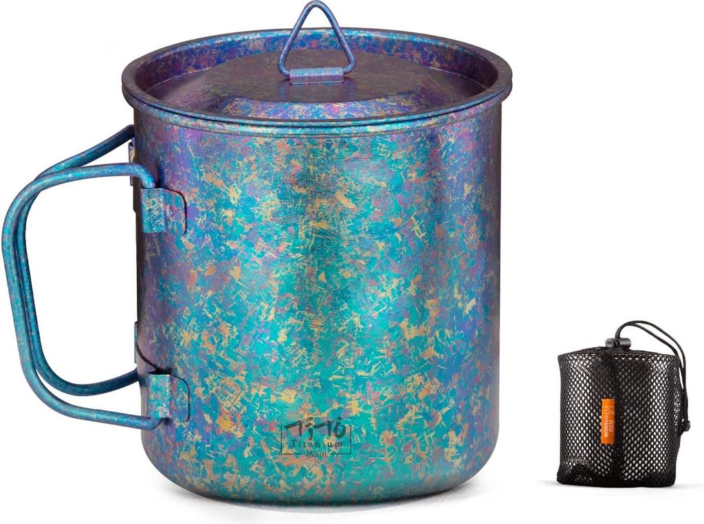 Ultraleicht Tragbares Kochgeschirr 450 ml Faltbarer Griff Titan Topf mit Deckel für Outdoor Backpacking Wandern - Becher Camping Tee Kaffee Wasser...