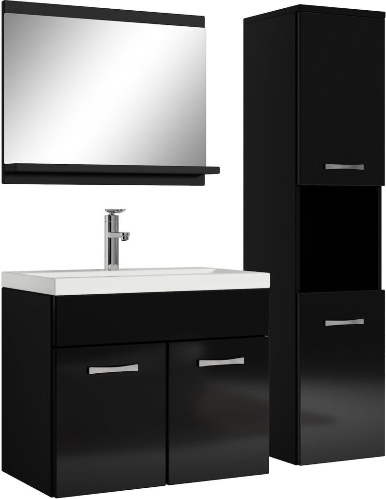 Badplaats Badmöbel Komplettset Montreal 60 x 35 cm Schwarz Hochglanz - Badezimmermöbel mit Waschbecken, Spiegel und Badezimmerschrank