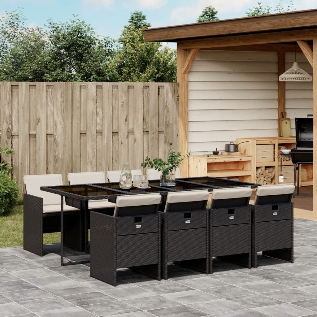 Möbel 9-tlg. Garten-Essgruppe mit Kissen Schwarz Poly Rattan - Balkonmöbel 3277685