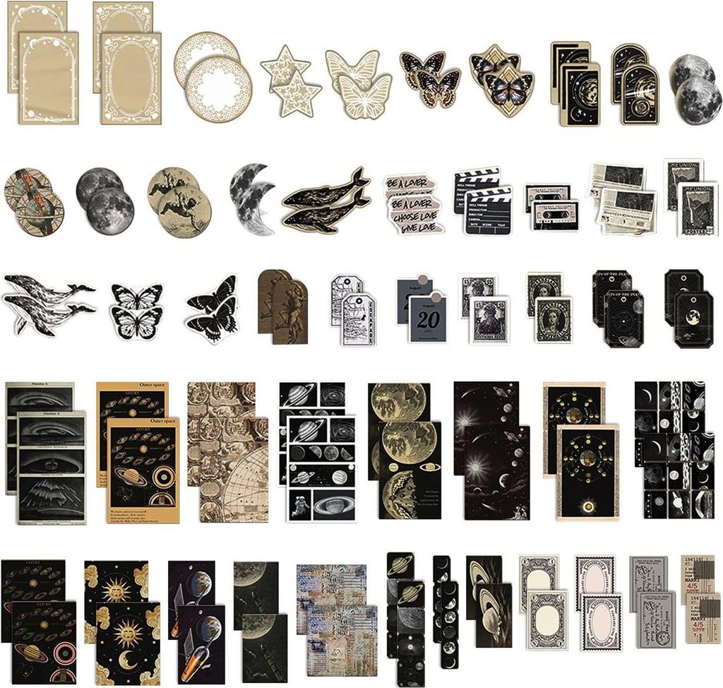 100 Stk Vintage Scrapbook Stickers, Selbstklebend Verschiedene Muster Mond Sticker, Dekorative Journal Fotoalbum Aufkleber Bastelpapier, DIY Scrapb...