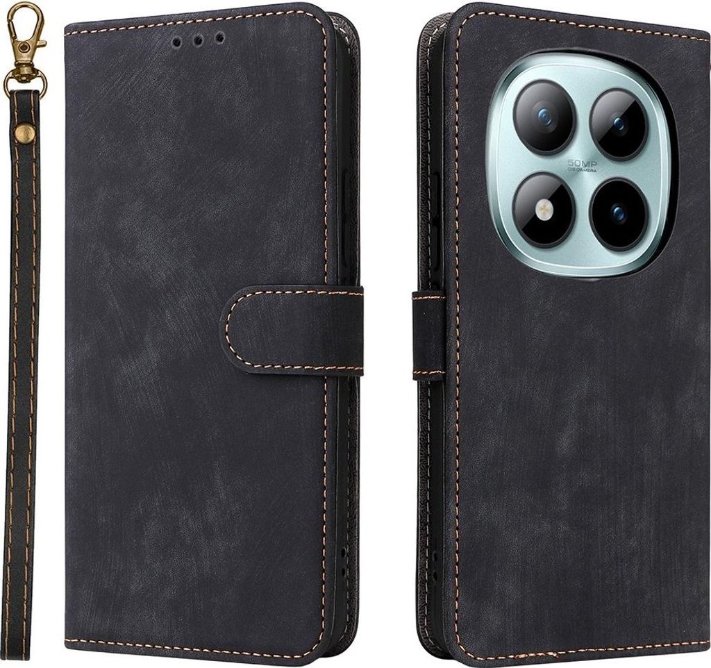 Hülle für Xiaomi Redmi Note 15 Pro Plus / Xiaomi Poco M8 - Phonesta Vintage Skin Book Wallet Klapphülle mit abnehmbarer Kordel - Schwarz