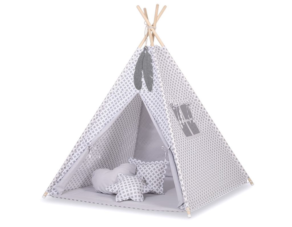 Tipi-Zelt für Kinder mit hängenden Federn Grau 150 cm