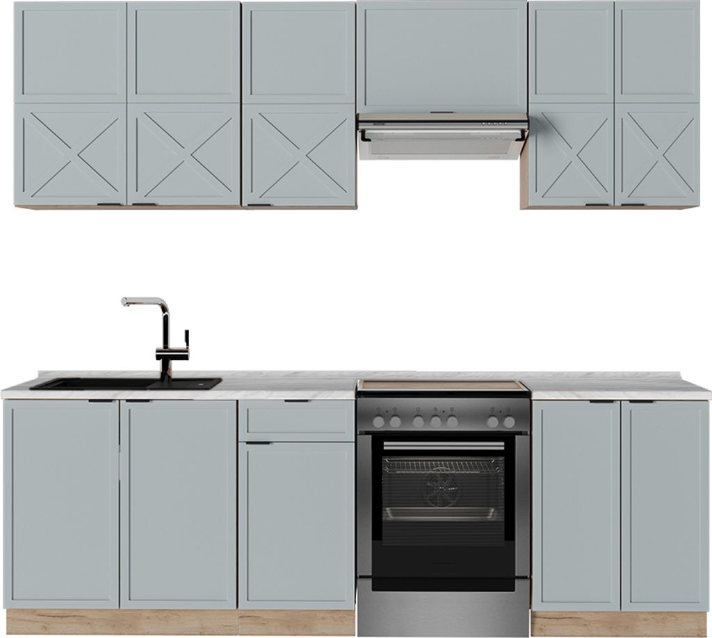 Küchenzeile Vicco Fame-Line Hellblau-grau/Goldkraft Eiche 240 cm ohne Arbeitsplatte, Model 51193
