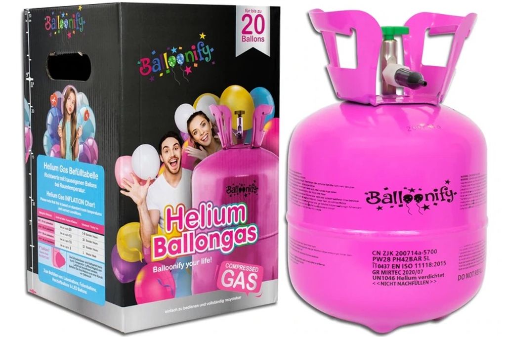 Ballongas Helium im Set mit 20 Luftballons Einwegflasche Heliumgas 0,14m³ 