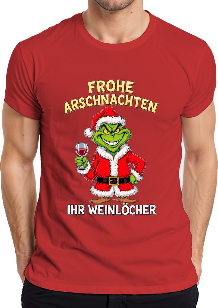 Frohe Arschnachten Weihnachtsgrinch Weinhumor Geschenk Weinparty Herren T-Shirt, Rot, XL
