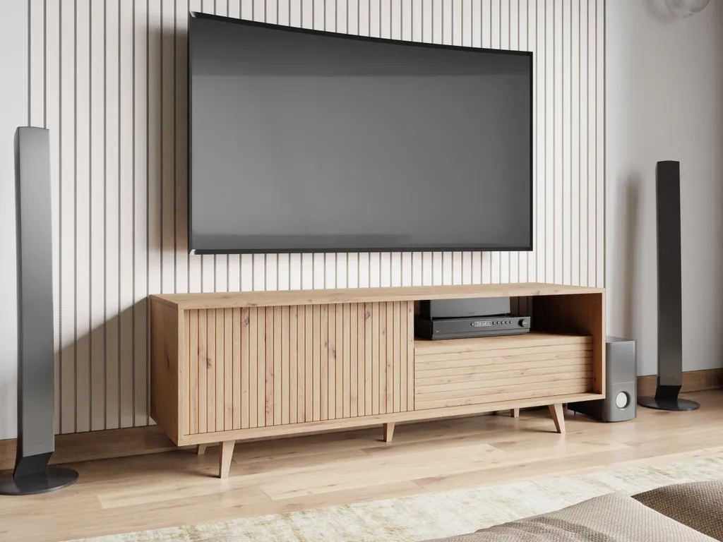 Banc TV en bois chêne artisan PRESIDIO avec rangements fermés