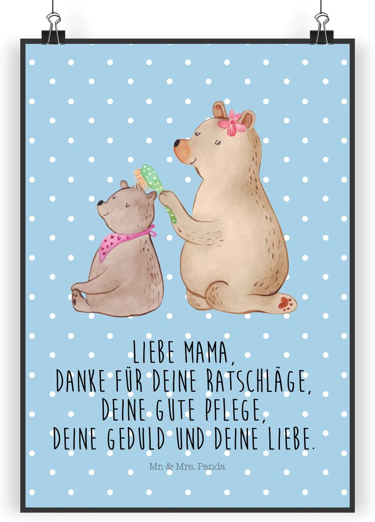 Mr. & Mrs. Panda Bild Bär Kind DIN A4 - Blau Pastell - Geschenk, Plakat, Muttertag, drucke, Wandbild, Familie, Deko, Wandschmuck, Bären, Mom