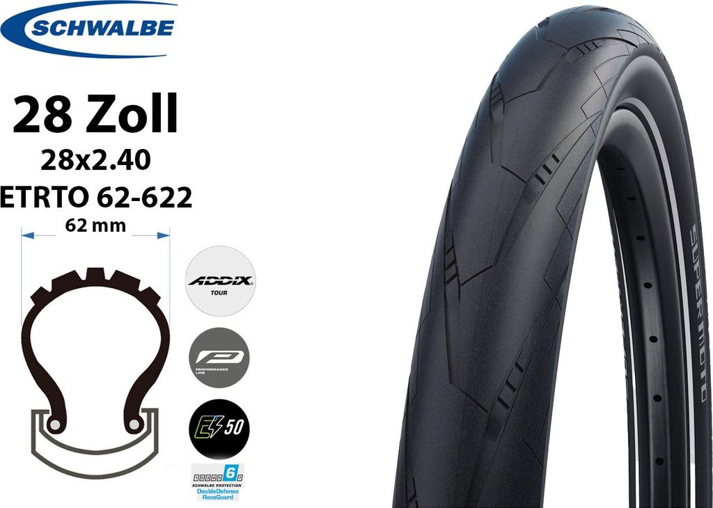 28 Zoll Schwalbe SUPER MOTO 28x2.40 Reifen 62-622 DD Reflexstreifen