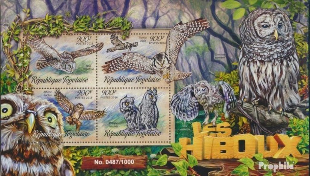 Briefmarken Togo 2016 Mi 7419-7422 Kleinbogen (kompl. Ausgabe) postfrisch Eulen