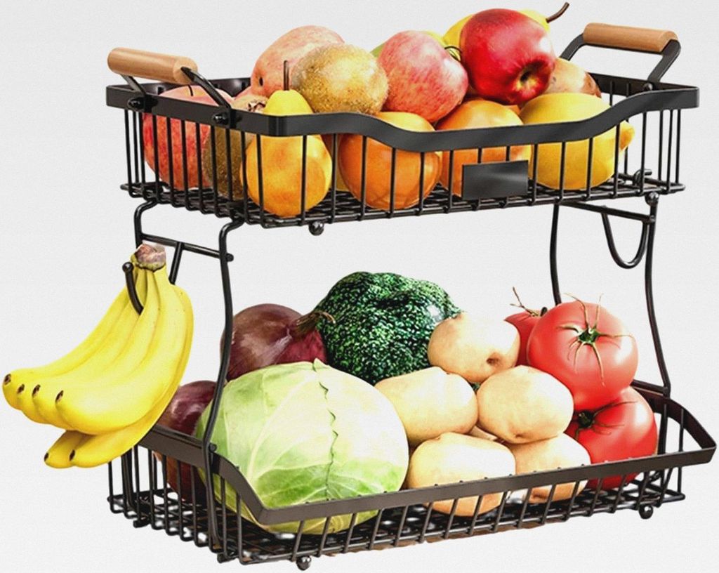 Countertop Fruit Basket – 2 Tier Vegetable Holder Wire Bin, Multi-Tiered Storage Basket with Wooden Handles for Fruits, Vegetables, Snacks, Bread...