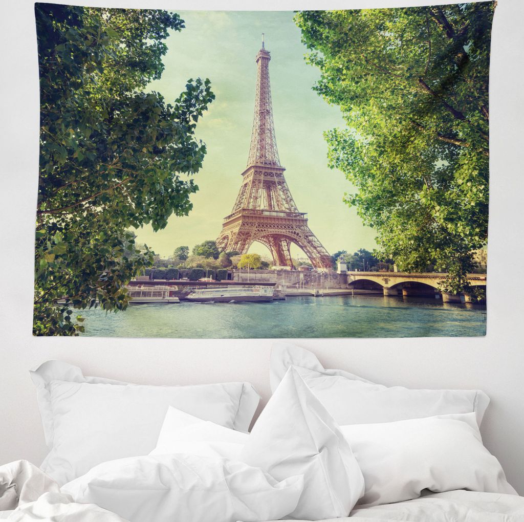 ABAKUHAUS Paris Wandteppich, Eiffelturm Fluss Seine aus Weiches Mikrofaser Stoff Waschbar ohne Verblassen Digitaldruck, 150 x 110 cm, Mandelgrün B...
