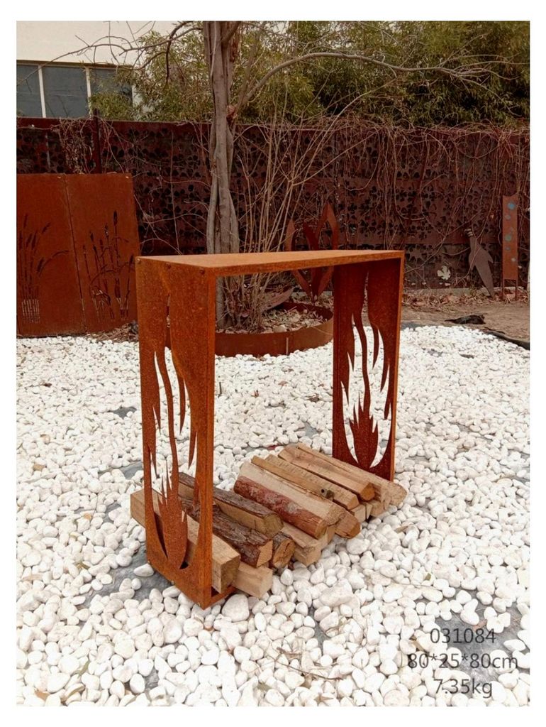 Kaminholzregal aus Edelrost für den Garten, Metall, handgefertigt, 1mm