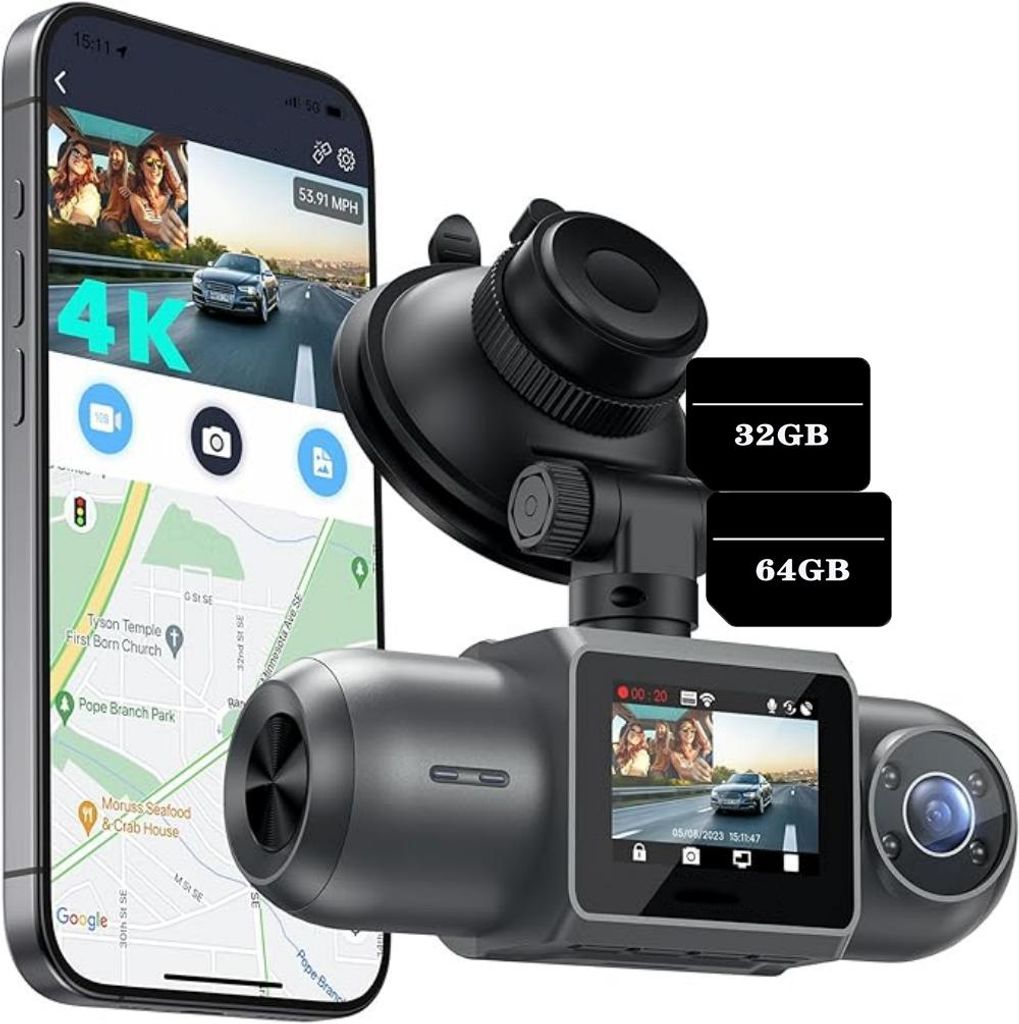 Vorne Innen Dashcam Auto WiFi Autokamera mit GPS & Ultra Nachtsicht Dual 2,5K 1080P mit Infrarot-Nachtsicht 32&64GB