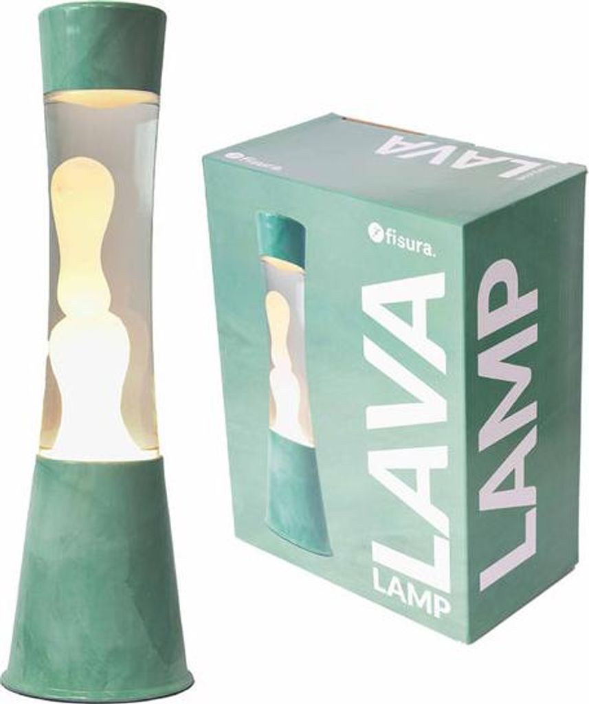 Lavalampe mit Jadefuß, mit klarer Flüssigkeit und Produktbild 