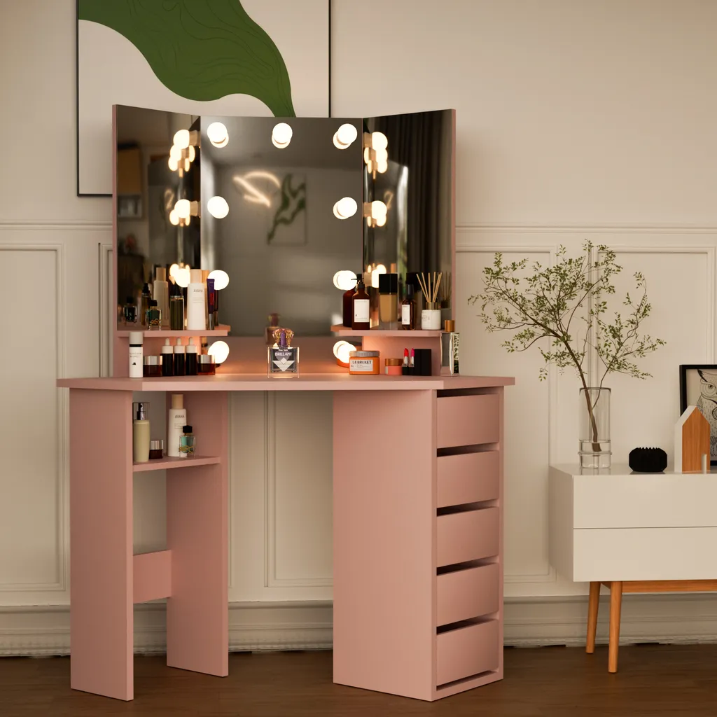 Coiffeuse 5 tiroirs avec éclairage LED et miroirs modulables blancs