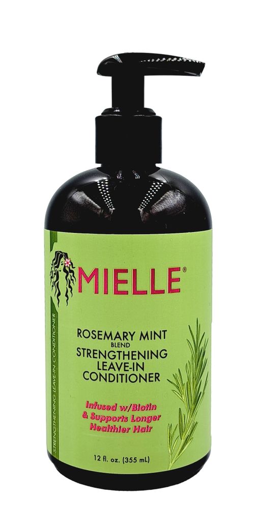 A bottle of Mielle Rosemary Mint Strengthening Leave-In Conditioner.