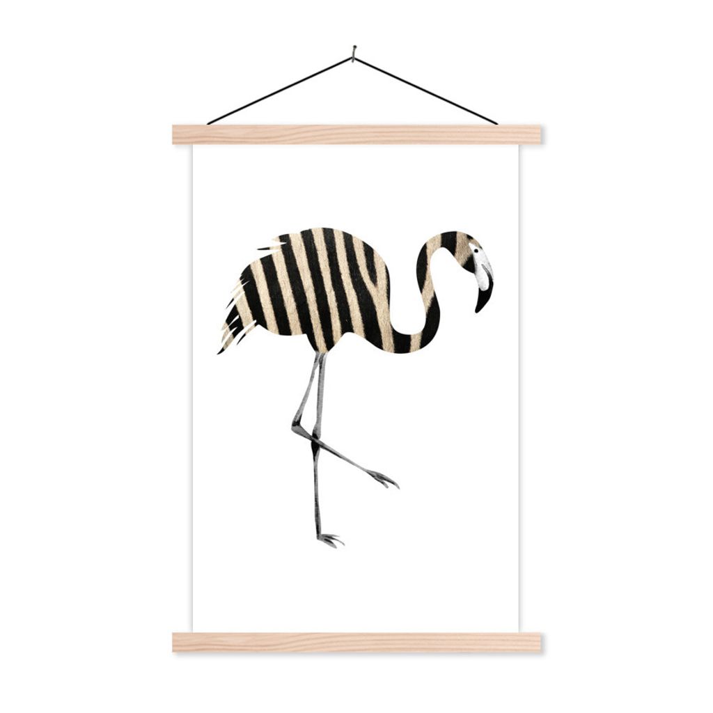 MuchoWow Textilposter Flamingo - Zebra - Schwarz und weiß 120x180 cm mit holzfarbenen Rahmen - Textil-Plakat