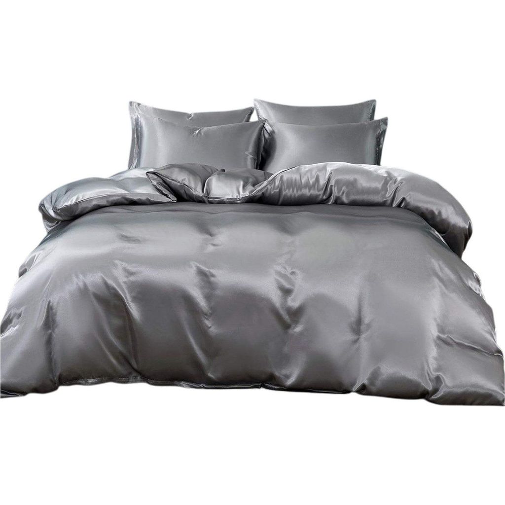 3 Teilig Satin Bettwäsche Set,Sommerbettwäsche Set 200x200cm, mit 2 Kissenbezug, Grau