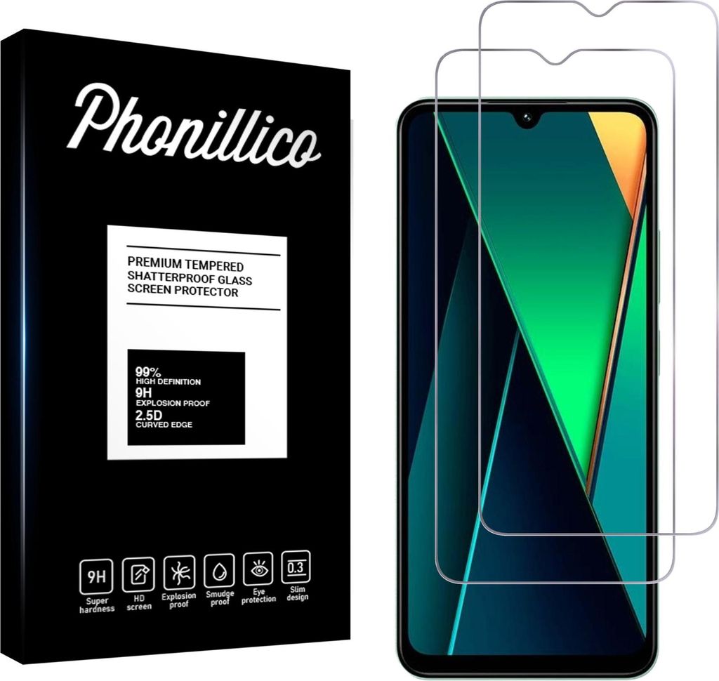 A product shot of a phone screen protector packaging and two screen protectors on a phone.
