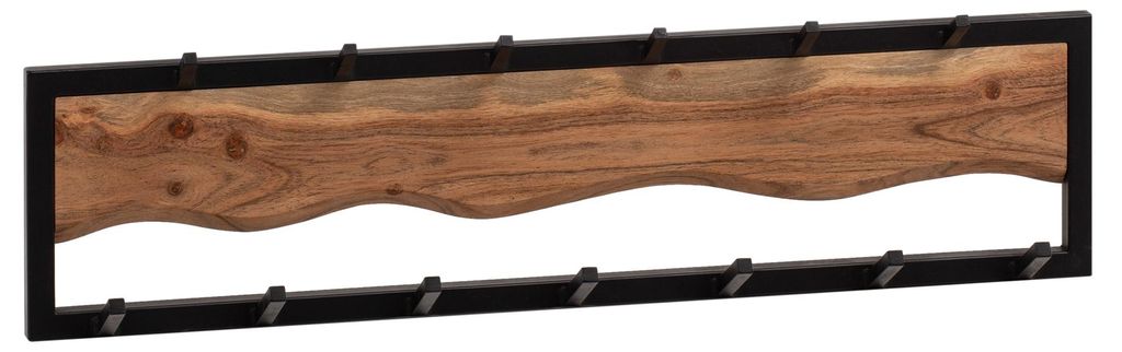 Wandgarderobe Akazie Massivholz Metall Hakenleiste 80x20x8cm mit wellenförmiger Holzleiste im schwarzen Metallrahmen.