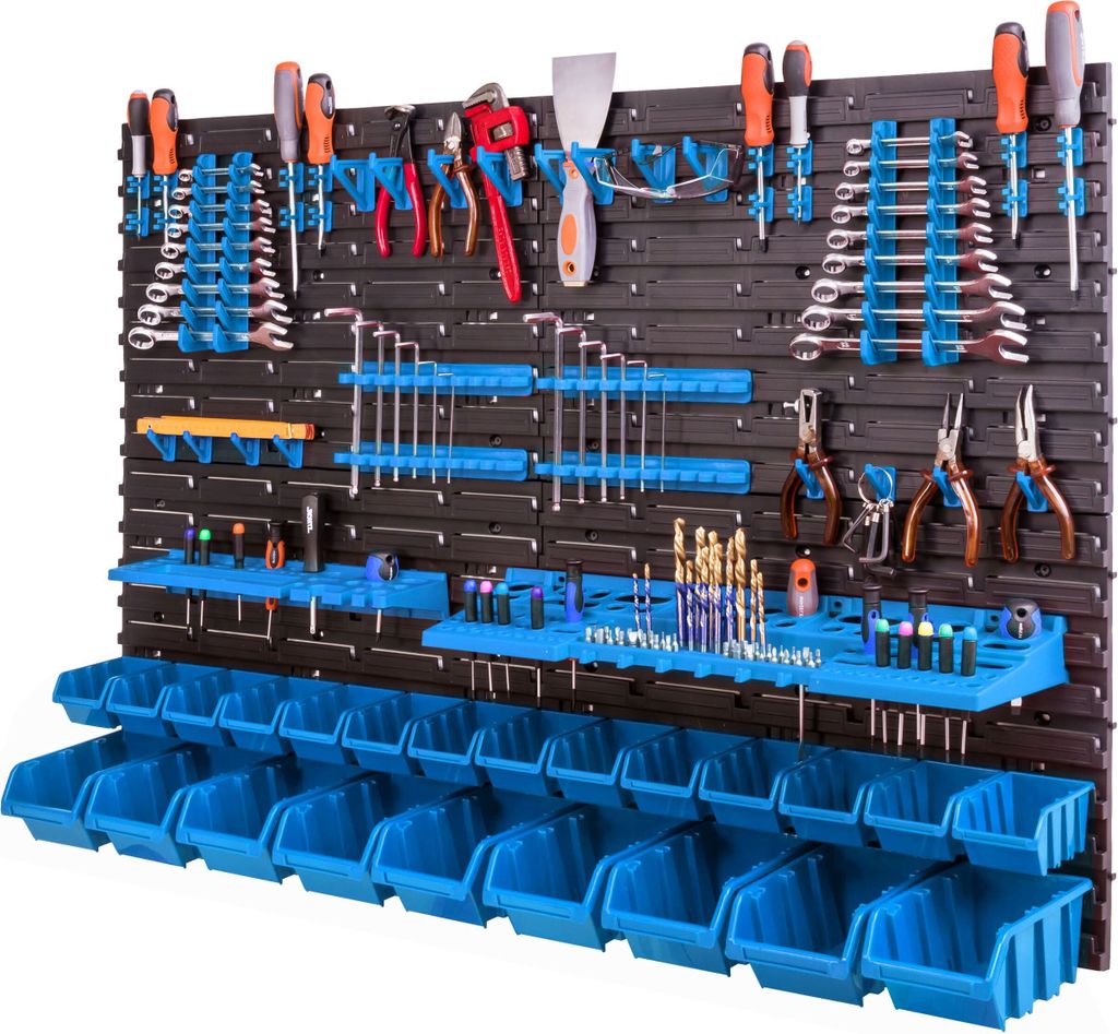 Wandregal für Werkzeuge 115x78cm 23 Stapelboxen Werkzeughalter Kunststoff Organisation und Ordnung in Garage und Werkstatt Aufbewahrung von Werkze...