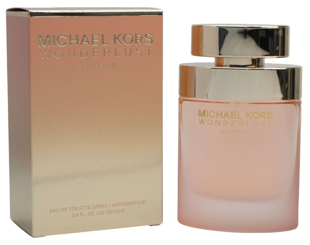 Damenduft Wonderlust Eau Fresh von Michael Kors im eleganten Flakon mit Goldakzenten und roséfarbener Schachtel mit glänzender Prägung, 100 ml.
