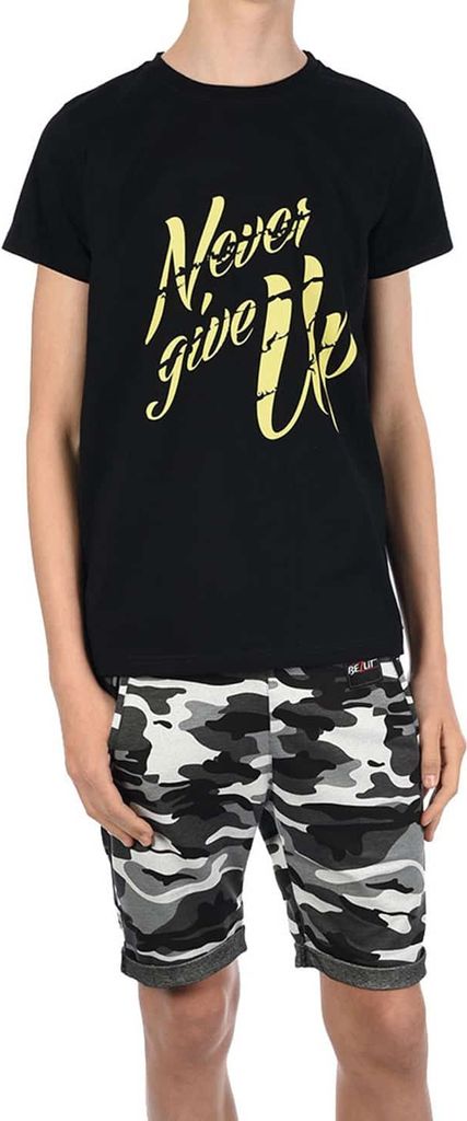 BEZLIT Jungen Sommer Set T-Shirt NEVER GIVE UP und Stoff Shorts Schwarz / Camouflage 104/110