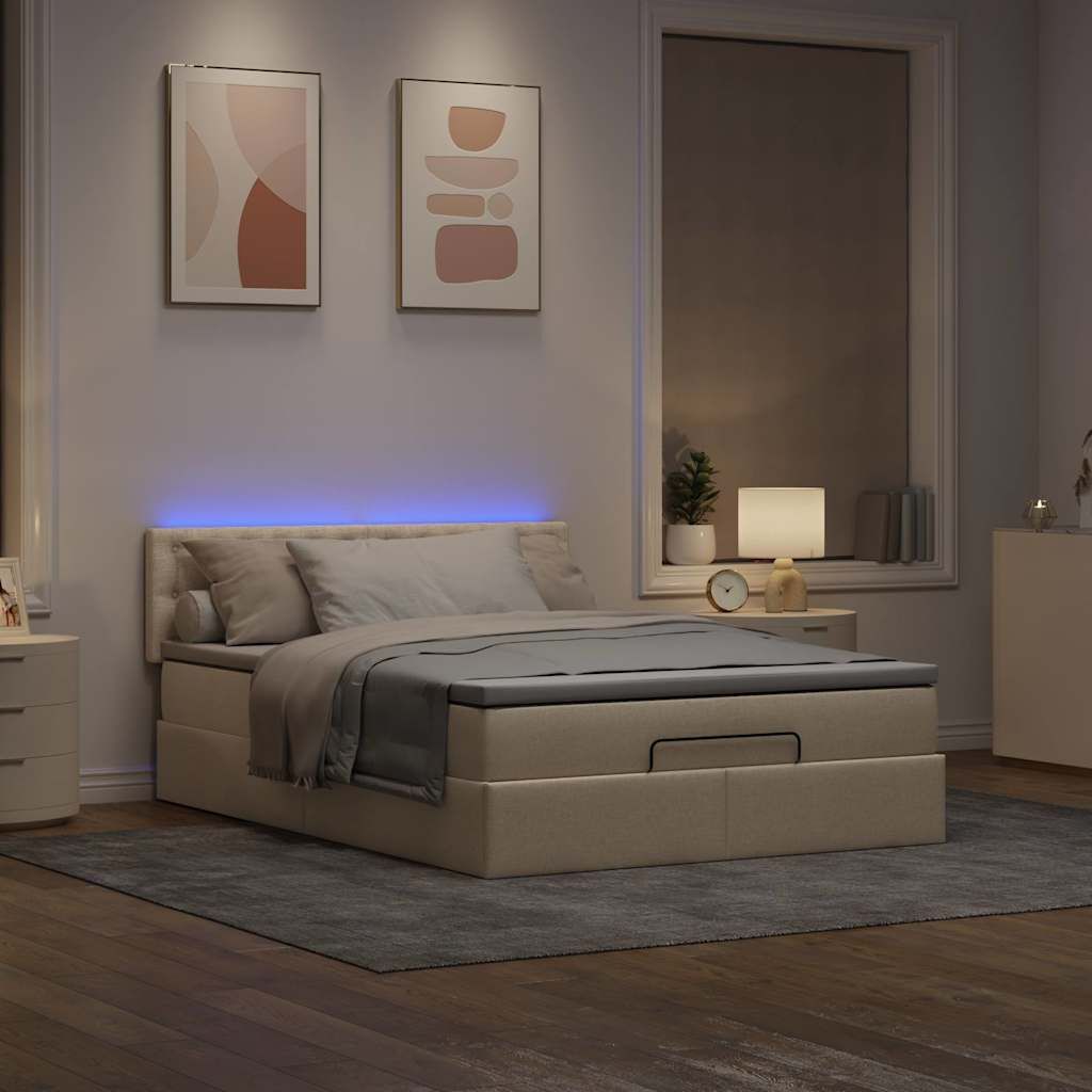 Ottoman-Bett mit Matratze & LEDs Creme 140x190 cm Stoff, Klassische Betten Design Möbel