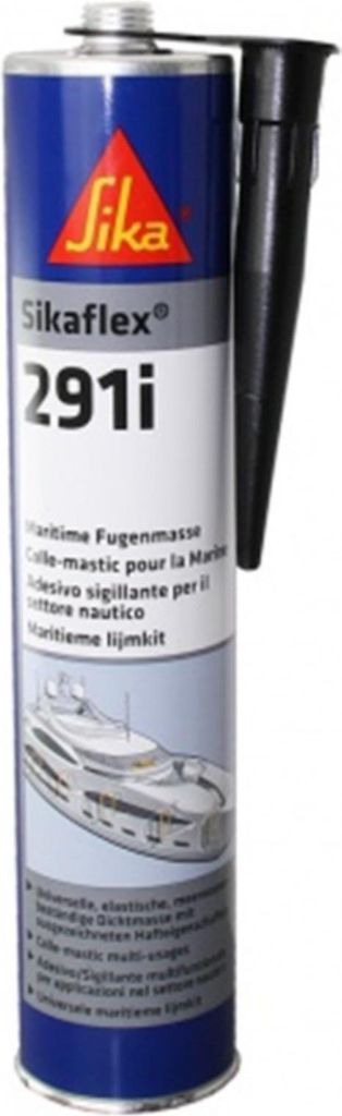A can of Sikaflex 291i marine sealant with a nozzle attached.