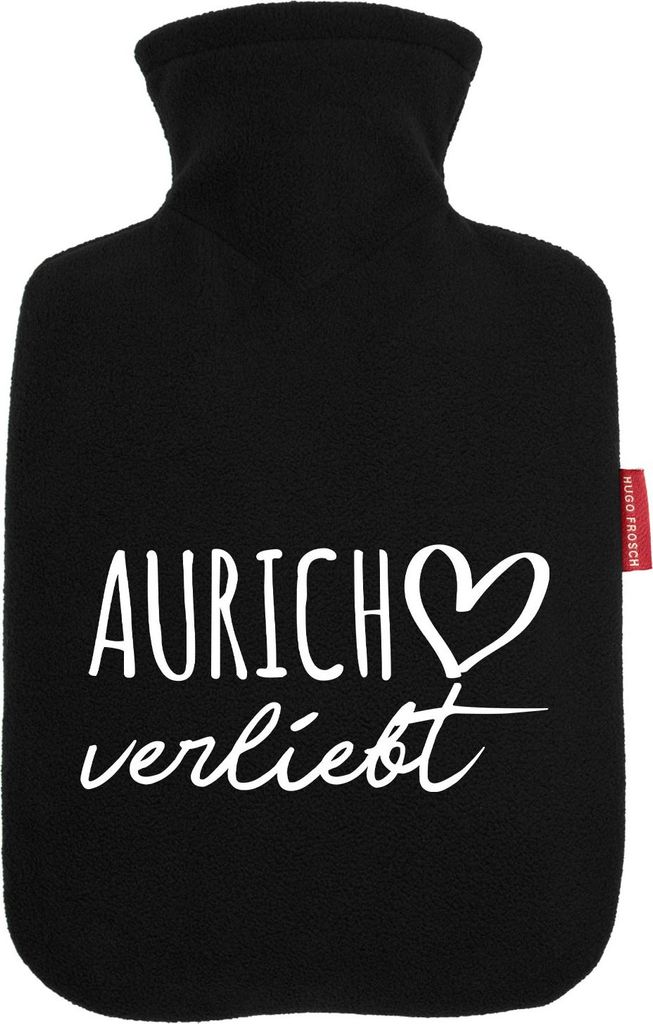 Huuraa Wärmflasche Aurich verliebt 1,8 Liter Black Classic Veloursbezug Bettflasche Geschenkidee