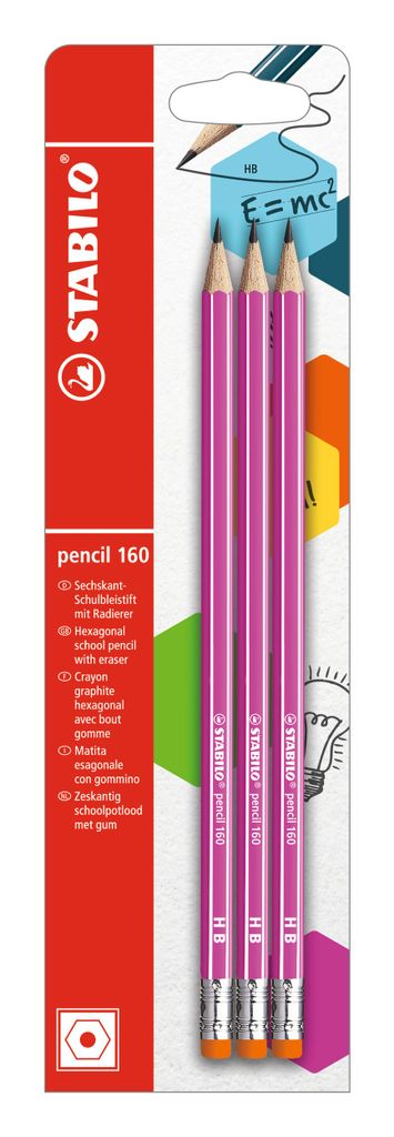 Bleistift mit Radierer - STABILO pencil 160 in pink - Härtegrad HB - 3er Pack