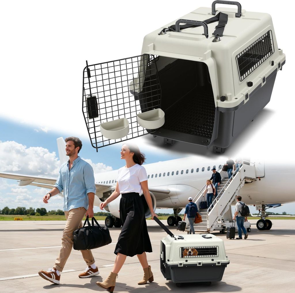 Izrielar Pet Transportbox met Wieltjes 67.3x54.9x51.5cm für Haustiere aus Kunststoff Grau-Weiß