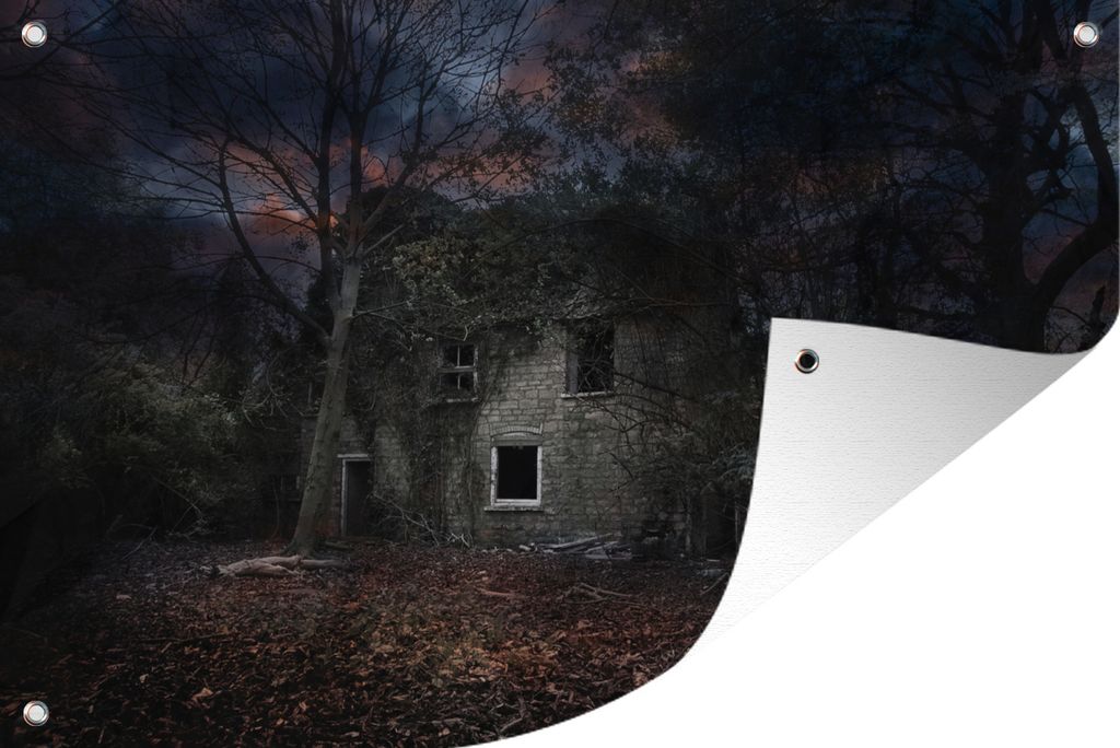 MuchoWow 90x60 cm Outdoor-Poster Gartendeko Sichtschutz Garten Poster für den Garten Verlassenes Gebäude in einem Wald bei Nacht