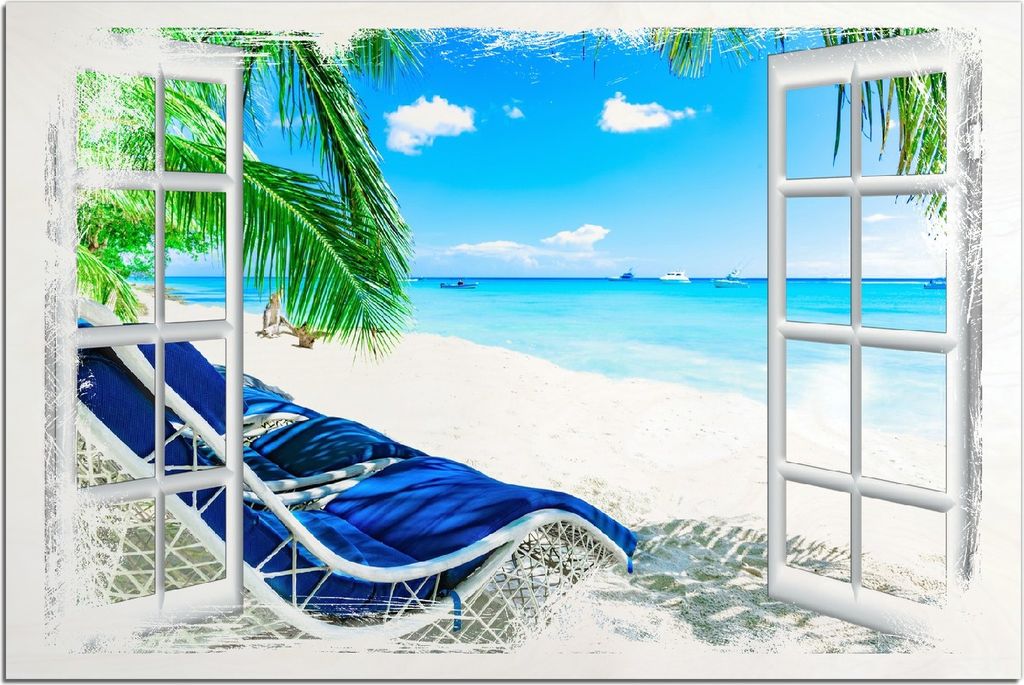 Kunstdrucke Wandbilder Holz in : Brillante Farben, Größe 60 x 90 cm Motiv Blick durch ein Fenster auf den Strand