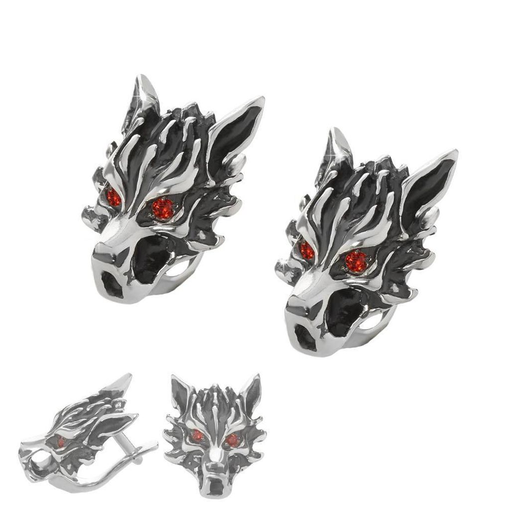 Paar 925 Sterlingsilber Wolfskopf Ohrringe Bikerschmuck Gothic Zirkon Rot 6163