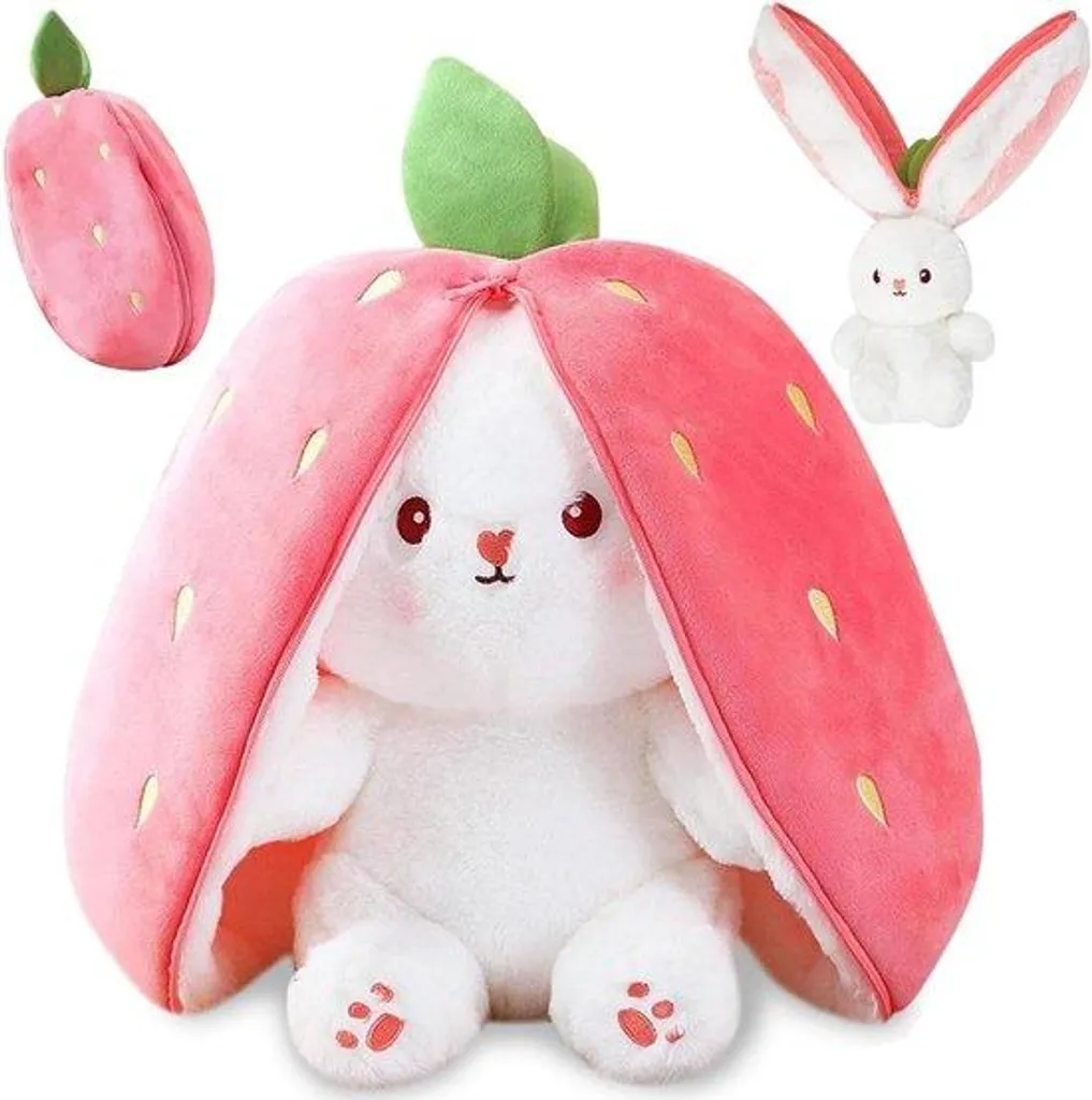 Lapin en peluche moelleux motif fraise, doudou lavable haute qualité