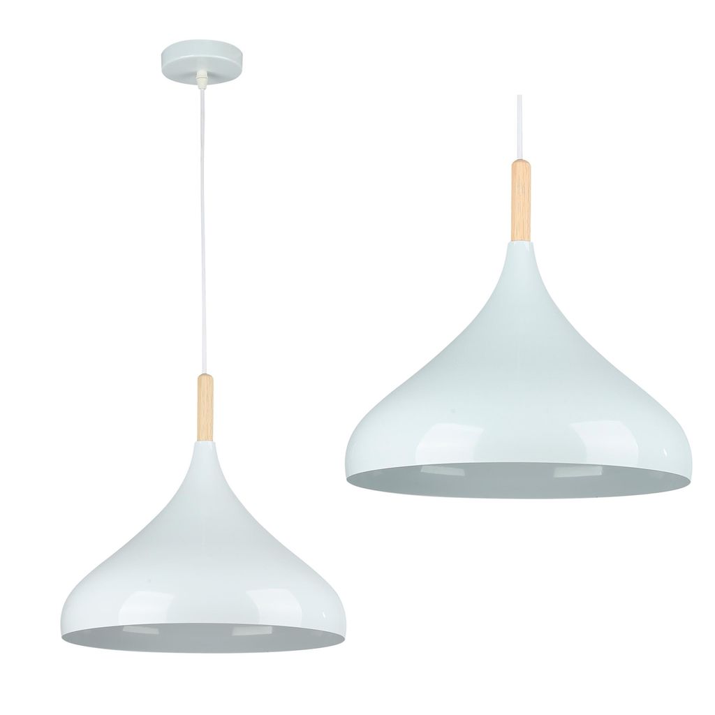 MasterLED Hängelampe MIKO E27 Weiß & Holz | Deckenlampe Retro Design | Pendelleuchte Ø32cm, 1m Kabel