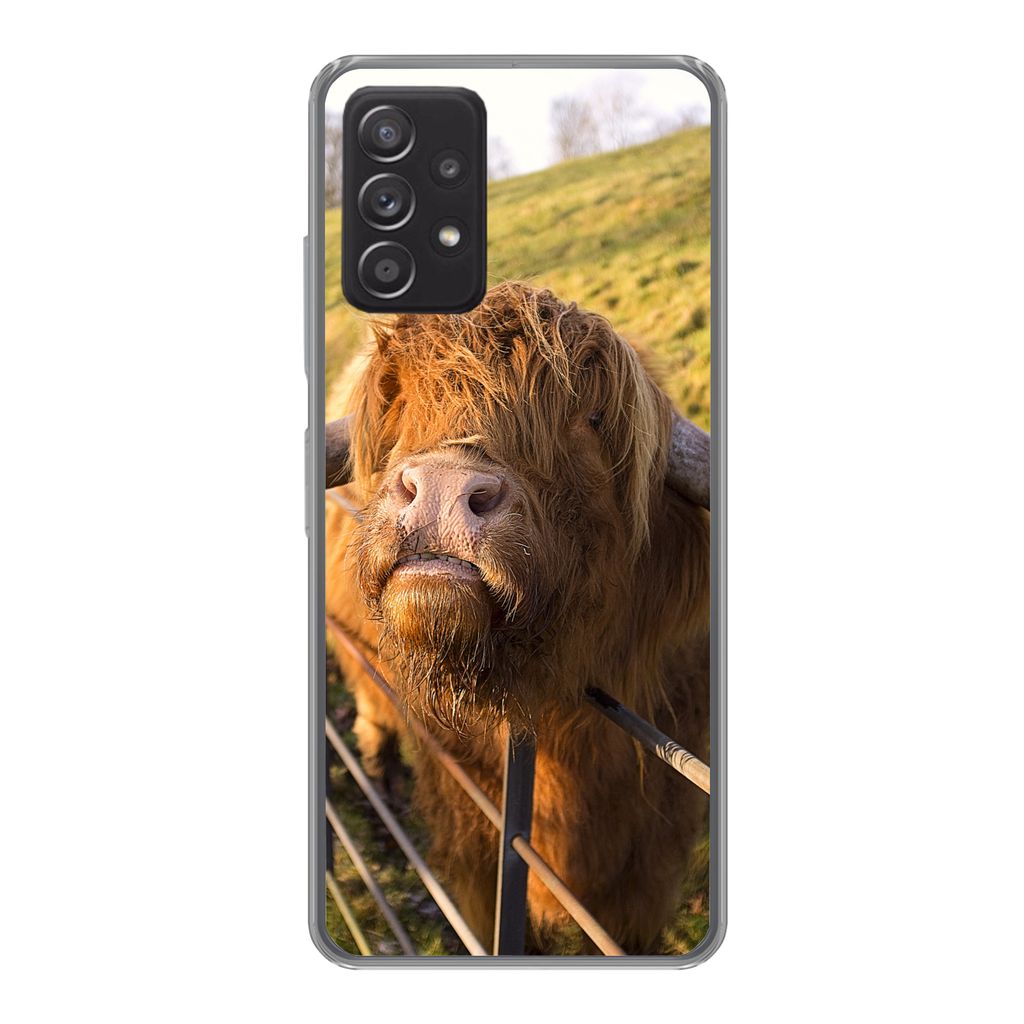 MuchoWow Handyhülle Schutzhülle Hülle für Samsung galaxy a73 Scottish Highlander - Zaun - Gras Silikon Softcase Handy Hülle - Handyhülle