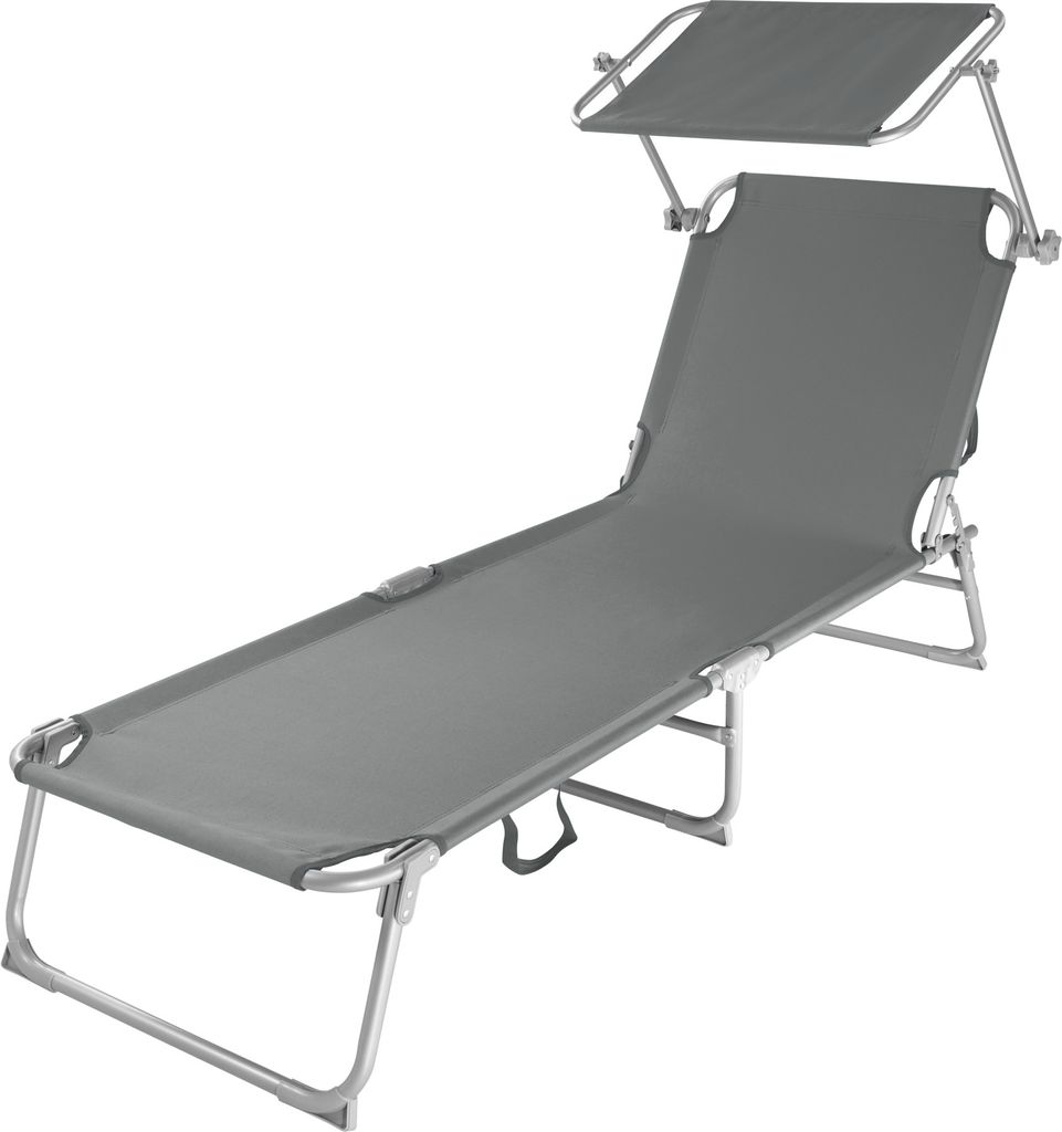 A gray foldable sun lounger with a canopy, shown on a white background.